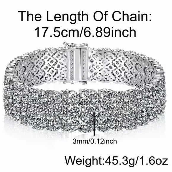 Dazzling 925 Sterling Silver Moissanite Wide Bracelet 6.79" New - Picture 10 of 13
